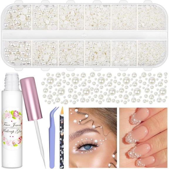 3600Pcs Face Gems Eye Pearls with SFX Makeup Glue Spirit Adhesive for Costume, Half Pearls Hair Rhinestone Beads Face Adhesive Makeup Flatback Gems for Nail Jewels Cosplay