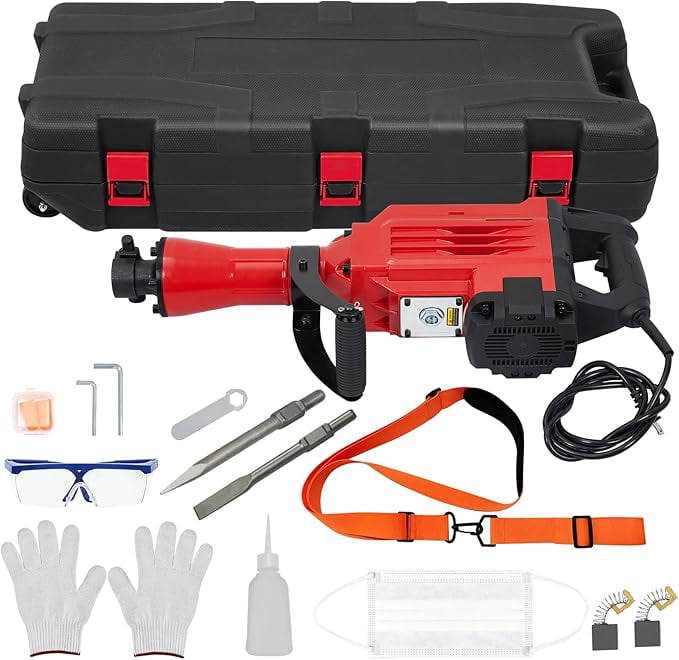 3600W Demolition Jack Hammer Metal Concrete Breaker Jack Hammer Electric Tool Kit, 2pcs Piece Bit Set W/Case, Noise-Canceling Earplug, Shoulder Strap