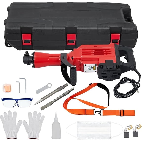 3600W Demolition Jack Hammer Metal Concrete Breaker Jack Hammer Electric Tool Kit, 2pcs Piece Bit Set W/Case, Noise-Canceling Earplug, Shoulder Strap