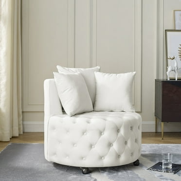 360Degree Swivel Barrel Chair Accent Sofa Chair with 3 Pillows, Modern Round Button Tufted Velvet Armchair Lounge Chair with Wide Seat Cushion for Living Room Bedroom, Beige