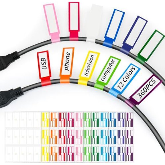 360PCS Cable Labels, 12 Colors Waterproof Cable Tags Wire Cord for Electronics Cable Management, Self Adhesive Color Border Cord Labels for Laser Printer and Handwriting$$Office