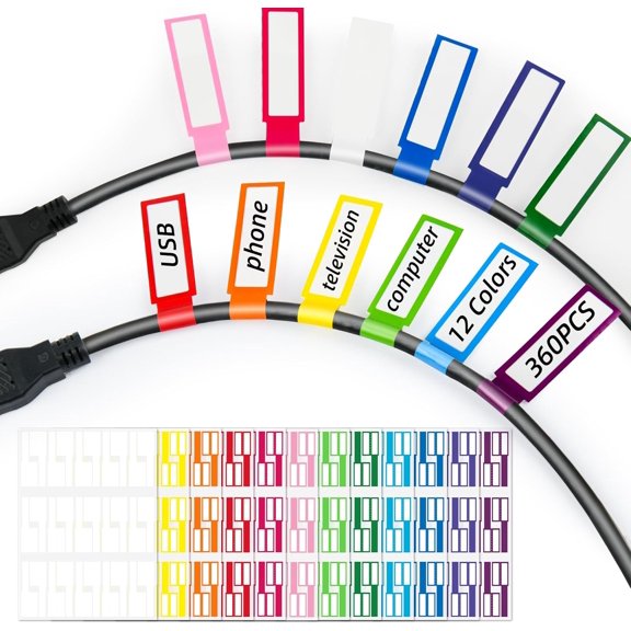 360PCS Cable Labels, 12 Colors Waterproof Cable Tags Wire Cord Label for Electronics Cable Management, Self Adhesive Color Border Cord Labels for Laser Printer and Handwriting