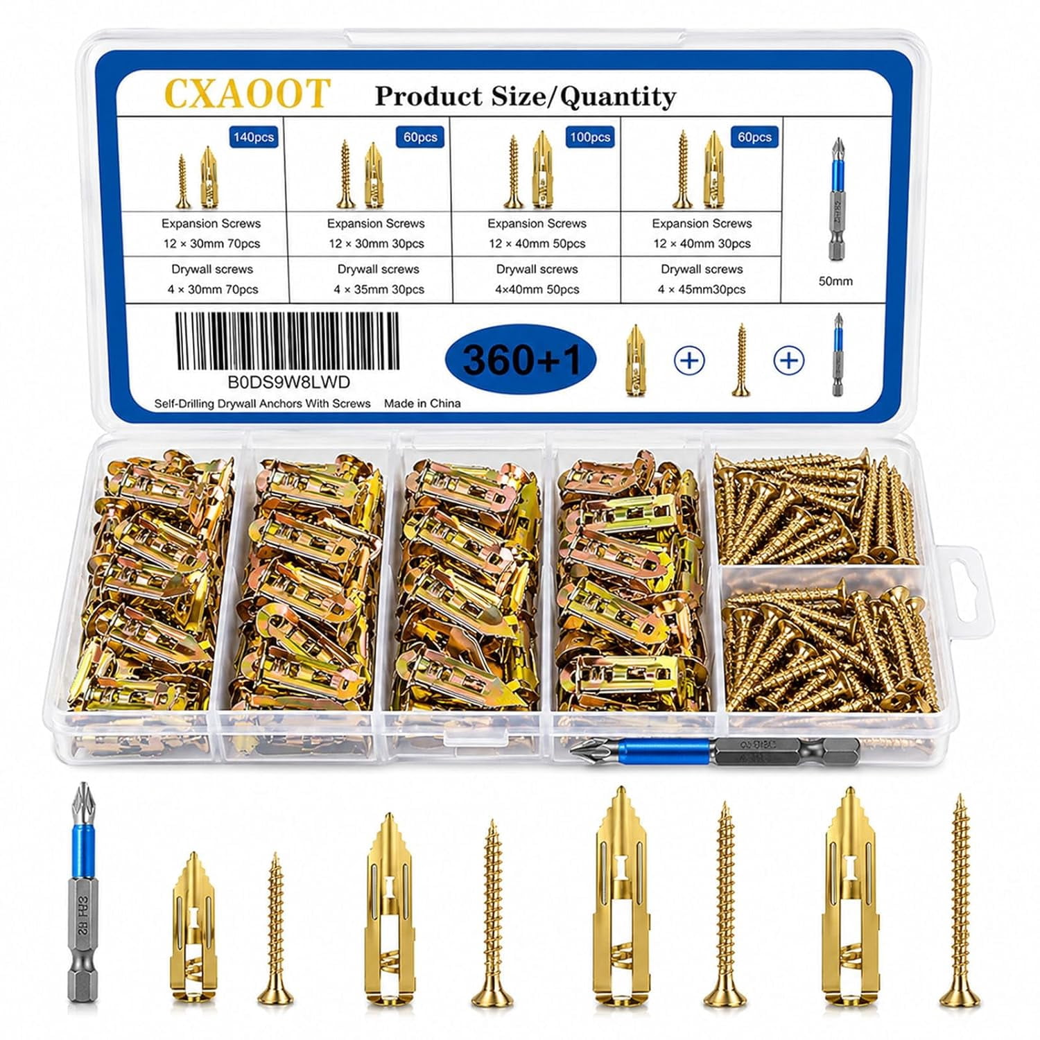 360PCS Self Drilling Drywall Anchors Heavy Duty, Self Drilling Drywall Anchors with Screws Kit, 4 Sizes Metal Dry Wall Anchors for Drywall Heavy Duty, Drywall Self Drilling Anchors with Screws