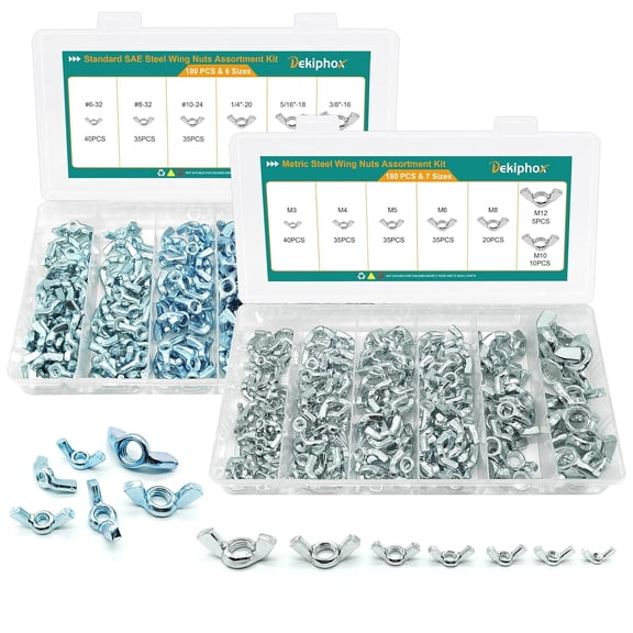 360PCS Wing Nuts Assortment Kit, Metric & SAE Wingnuts 13 Sizes Carbon Steel Zinc Plated Butterfly Wing Nut M3-M12, #6-32 to 3/8"-16 Hardware Fasteners