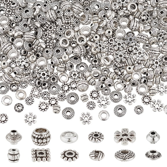 360Pcs 12 Styles Style Alloy Spacer Beads Mixed Shapes Silver 5~8x2~6.3mm Hole: 1~2.5mm 30pcs/style