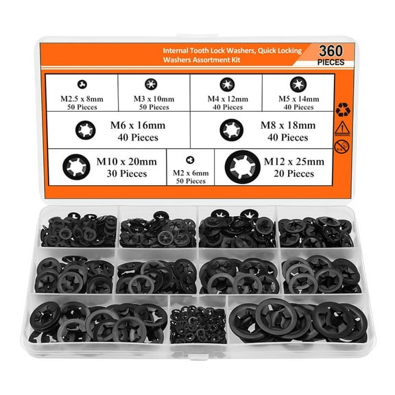 360Pcs 2/2.5/3/4/5/6/8/10/12mm Fasteners Internal Tooth Star Lock Washers