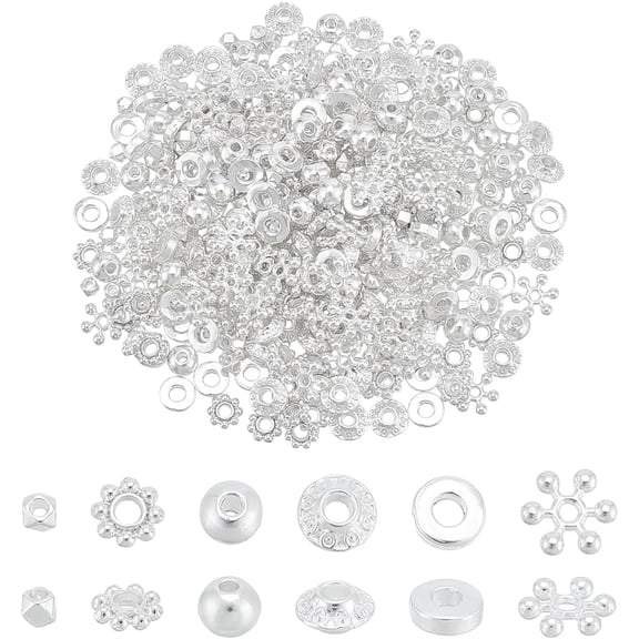 360Pcs 6 Styles Alloy Spacer Beads for Jewelry Making Supplies Silver 3.5~8mm Hole: 1~2.5mm 60pcs/style