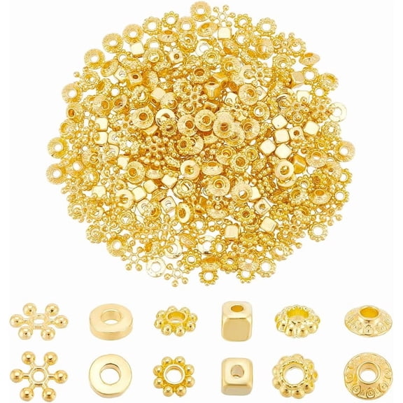 About 360Pcs 6 Styles Spacer Beads Gold Snowflake Loose Beads Metal Flower Beads Flat Round Beads Bracelet Beads Finding for Earrings Necklace Jewelry Making DIY Craft Golden
