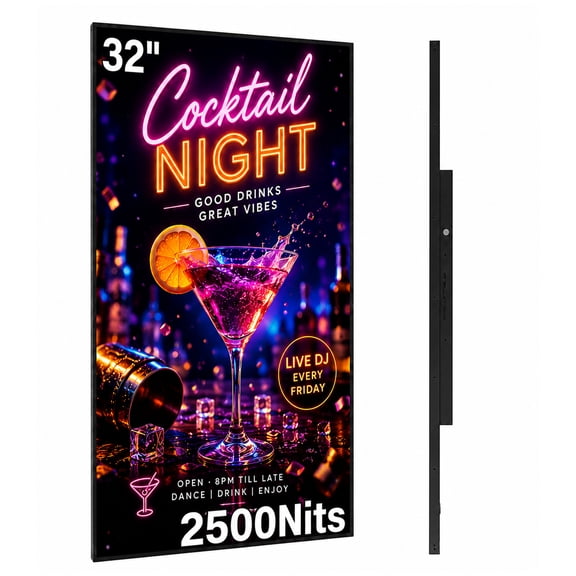 360SPB 32" Digital Signage Display, 2500 Nits High Brightness LCD Advertising Screen, Android CMS, Split Screen, 24/7 Operation, HDMI, USB, WiFi, for Retail Stores, Restaurants & Shopping Malls