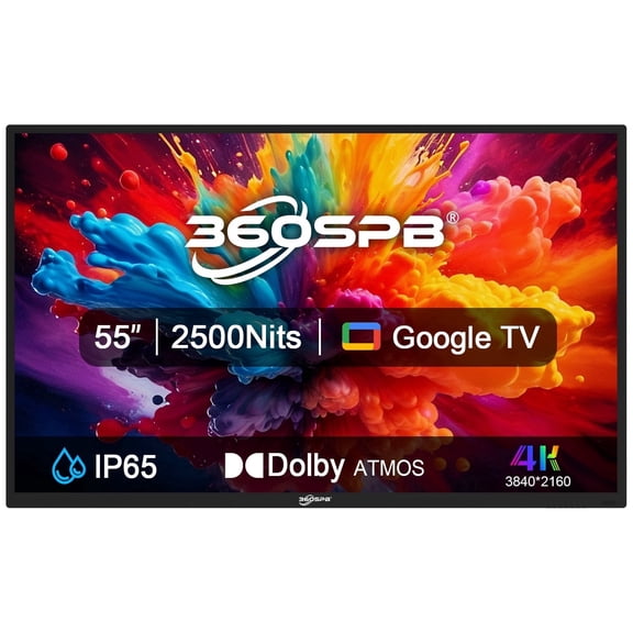 360SPB 55" 4K Outdoor Google TV, 2500 Nits Ultra Bright Full Sun Outdoor Smart TV, IP65 Waterproof Weatherproof Television, Voice Assistant Remote, Dolby Audio, Wide Viewing Angle, For Outdoor Pati