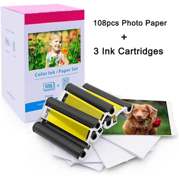 Compatible Canon Selphy CP1300 / CP1500 Ink And Paper KP-108IN KP108 With 3 Color Ink Cartridges