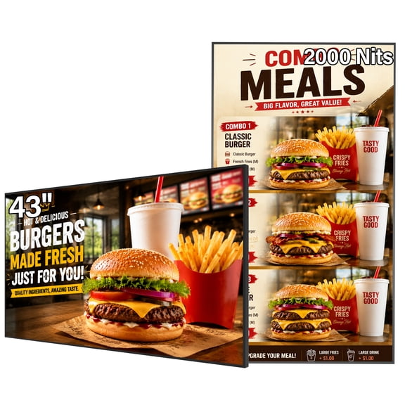 360SPB DISPLAY 43Inch 4K Commercial Display, 1cm Frameless Digital Signage,2000 nits USB Plug-and-Play & Cloud CMS, Timer & Split-Screen, Android, HDMI/USB/WiFi, Retail Restaurant Hotel Gym