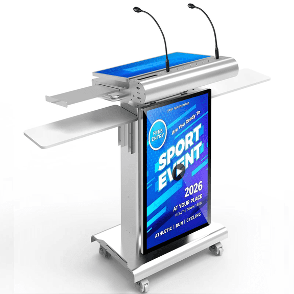 360SPB Electronic Smart Podium, 32" LCD Display, 23.6" Multi-Touch Control Panel, Height Adjustable Digital Lectern, HDMI Compatible, Dual Wired Microphones for Conference & Classroom