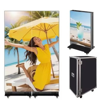 360SPB LED Digital Signage Display with Flight Case, P1.86 Spliceable LED Poster Screen with Publishing System, Foldable Advertising Display Kiosk for Events and Rentals, WiFi/USB/HDMI (2 Panel)