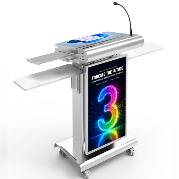 360SPB Smart Digital Podium, 23.8" Touchscreen Panel with 32" LCD Display, All-in-One Multimedia Lectern with Height Adjustable 150mm, HDMI Compatible Smart Presentation System for Classrooms