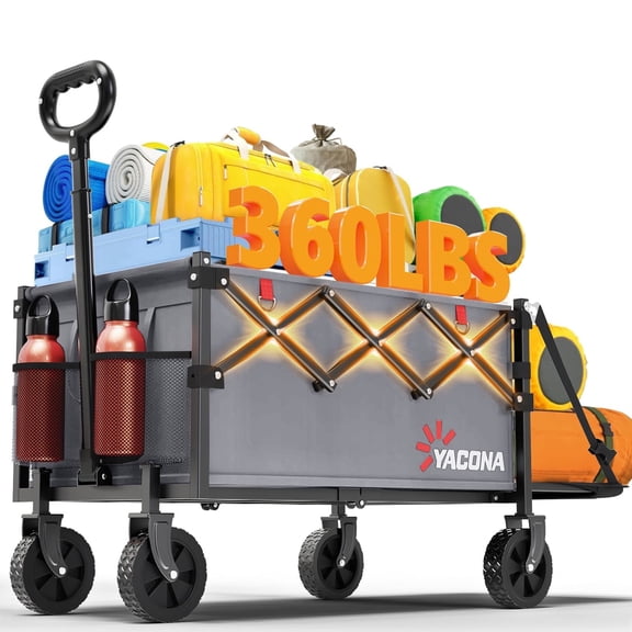 360lbs Foldable Wagon Cart with Extended Tailgate, Extra Long Folding Beach Wagon, Collapsible Cart with Wheels, for Grocery, Camp, Shop, Garden,Gray