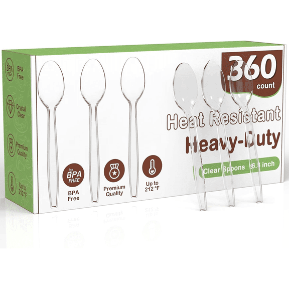 360pc 6.8" Clear Plastic Spoons Heavy Duty with Heat Resistant & BPA Free, Solid and Durable Plastic Cutlery, Premium Disposable Spoons for Party Supply