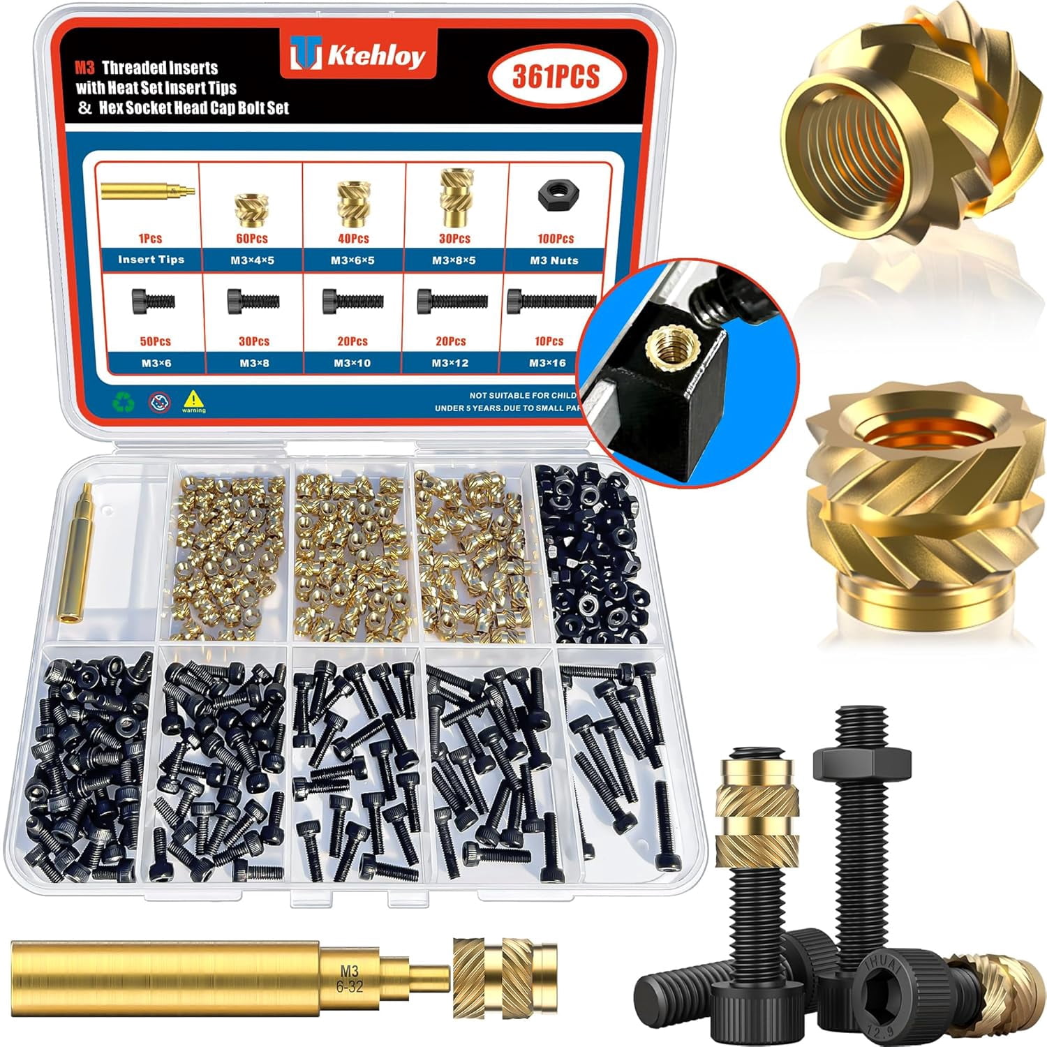 361 3-thread inserts with heat installation insertion tips and hexagon screw head cover bolt set, brass heat installation inserts for plastic and 3D print components