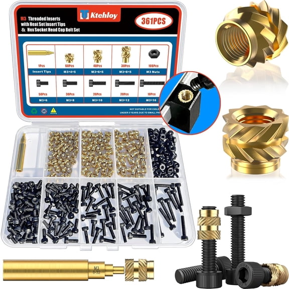 361 3-thread inserts with heat installation insertion tips and hexagon screw head cover bolt set, brass heat installation inserts for plastic and 3D print components