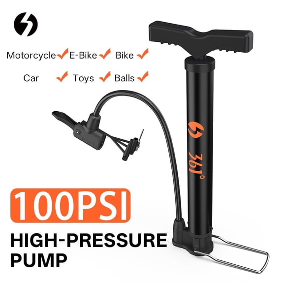 361° Portable Bike Floor Pump, Orange 100PSI High Pressure Bicycle Air Pump with Schrader Presta Dunlop Multi-Use Universal Valve, Compact Steel Tube Pump with Free Needle for Bikes, Cars, Balls
