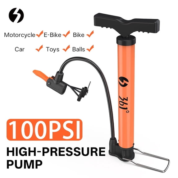 361° Portable Bike Floor Pump, Orange 100PSI High Pressure Bicycle Air Pump with Schrader Presta Dunlop Multi-Use Universal Valve, Compact Steel Tube Pump with Free Needle for Bikes, Cars, Balls