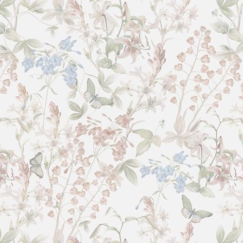 362"x17.3" Floral Wallpaper Pink Peel and Stick Wallpaper White Boho Contact Paper Botanical Wildflower Morden Cottage Renter Friendly Bathroom Flower Kitchen Self Adhesive Vinyl Roll
