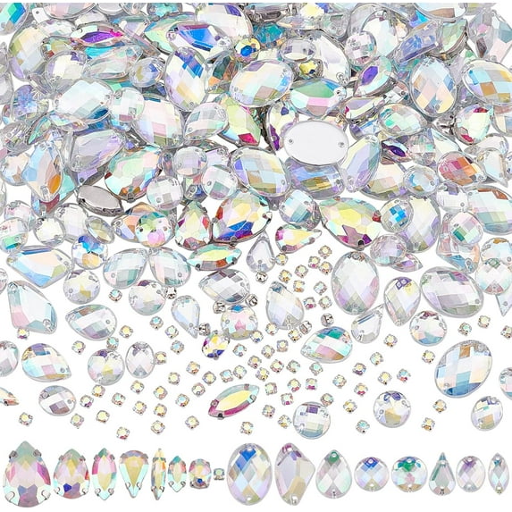 362pcs Sew on Rhinestones 16 Styles Acrylic Sewing Crystals Mixed Shape Flatback Gemstones Faceted Glass Rhinestone with Holes