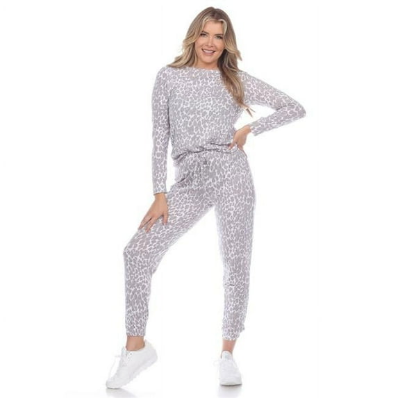 3636-01-M Womens Lounge Set, Grey Leopard - Medium - 2 Piece