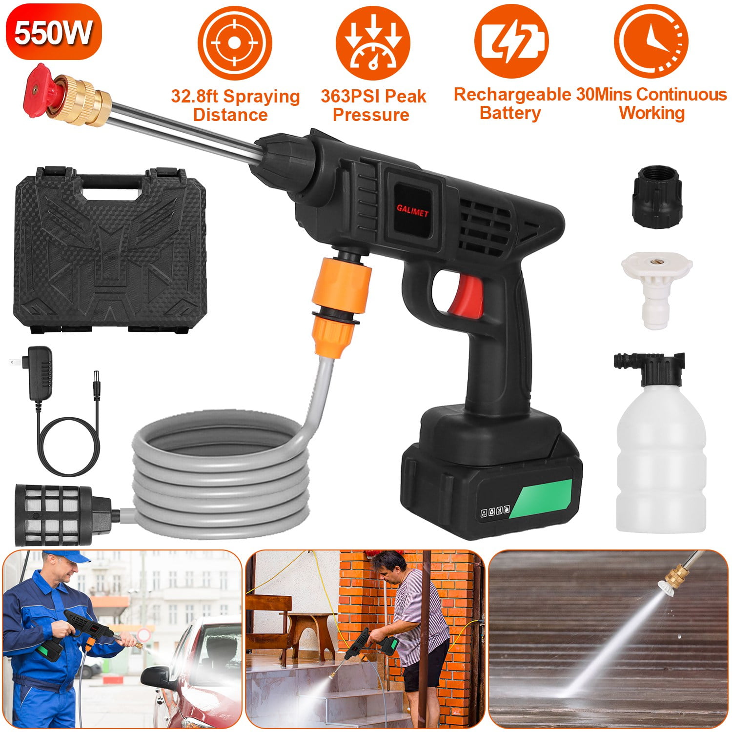 363PSI Cordless Electric Pressure Washer, 550W Portable Power Washer with Rechargeable Batteries for Car Washing, Patio Deck, Fence, Driveway, Outdoor Home Cleaning, Water Hose & Case Included