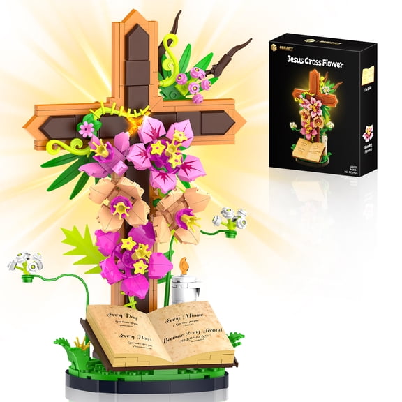 363Pcs Jesus Flowers Cross Building Blocks Set, LED Religious Decor, Lego-Compatible Christian Catholic Gift for Easter, Birthdays, Kids & Adults
