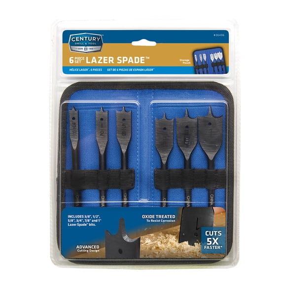 Century Drill & Tool 36406 Black Oxide Lazer Spade Bits, 6 Piece Set, Paddle Wood Boring Bits
