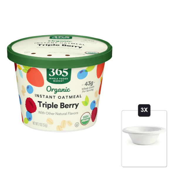 365 By Whole Foods Market, Organic Triple Berry Instant Oatmeal, Single Serve, 2 oz & 3x 12oz Disposable Plastic Bowl