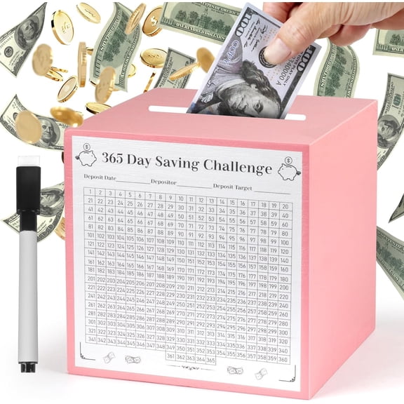 365 Day Money Saving Box, Unbreakable $5,050 Wooden Savings Challenge Box Saver, Must Break to Access Coin Money Challenge Cash Vault Saving Box Tracker Number Piggy Bank Holder, Pink