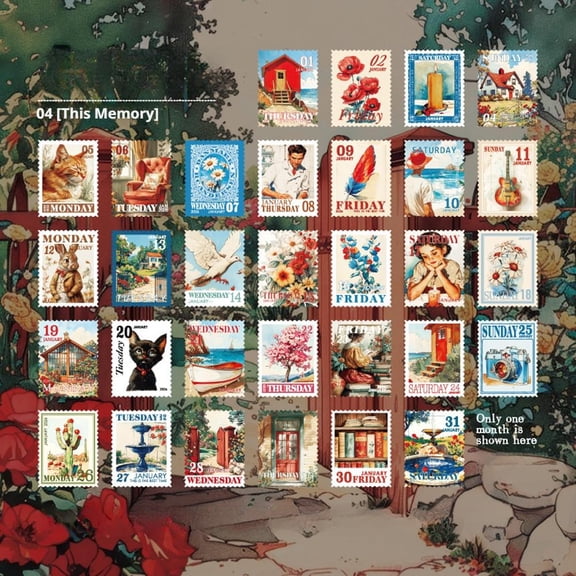 365 Days Vintage Postage Journaling Stickers - Tear-Off Washi Paper DIY Stickers with Pull-Out Box, Retro Number Stamp for Scrapbooking Daily Notes