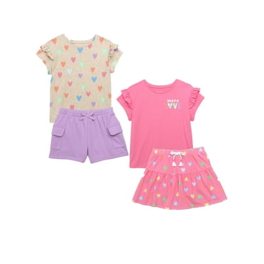 365 Kids by Garanimals Girls Ruffle Tees and Shorts Outfit Set, 4-Piece, Sizes 4-10