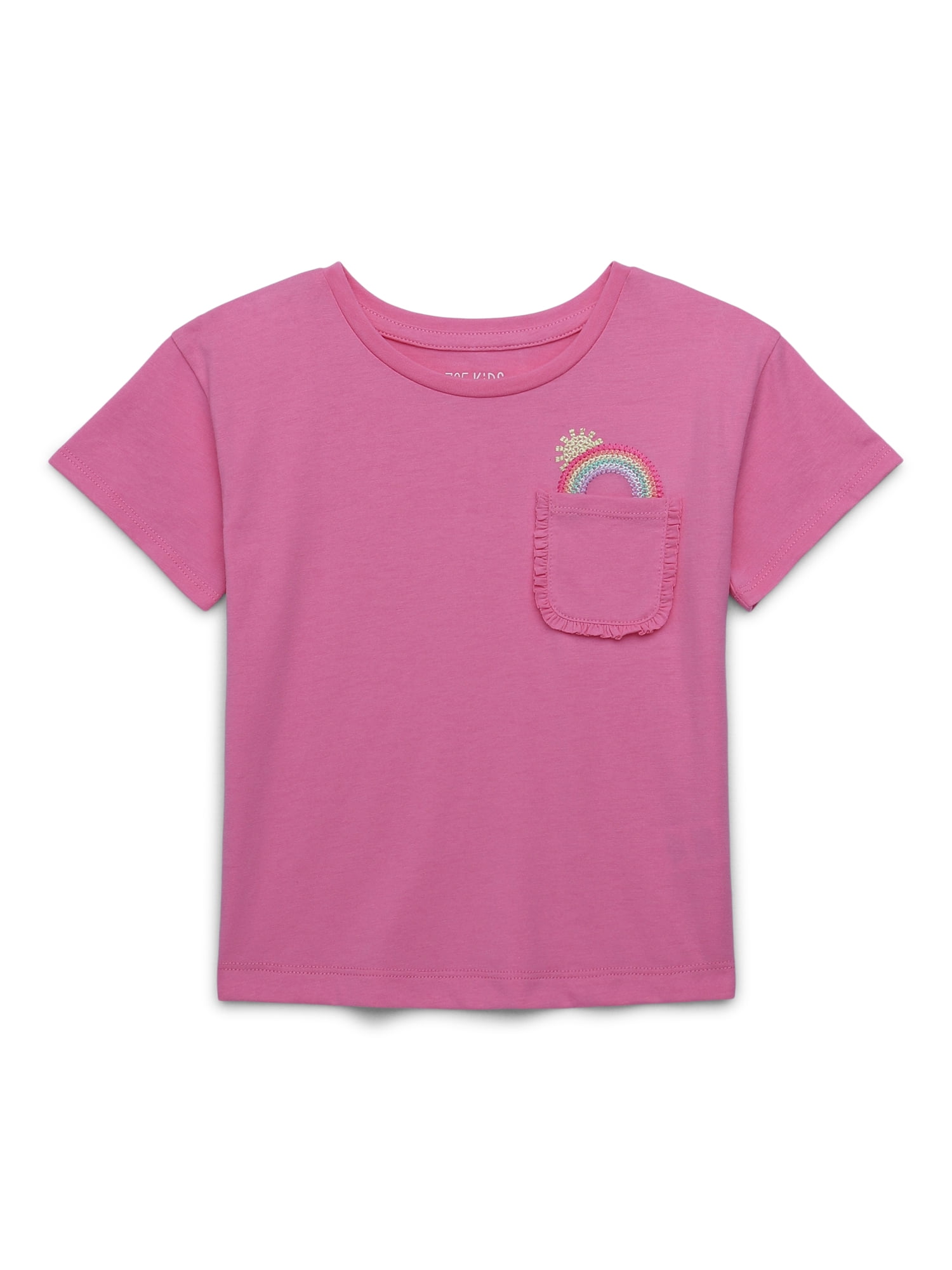 365 Kids by Garanimals Girls Rainbow Embroidered Pocket Tee with Short Sleeves, Sizes 4-10