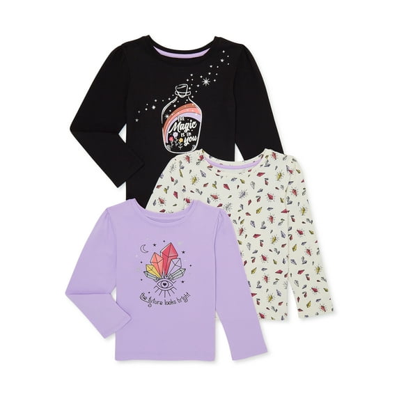 365 Kids from Garanimals Girls Long Sleeve Graphic and Printed Tee, 3-Pack, Sizes 4-10