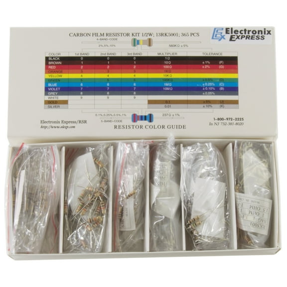 365 Piece Resistor Kit 1/2 Watt in Compartmentalized Cardboard Storage Box