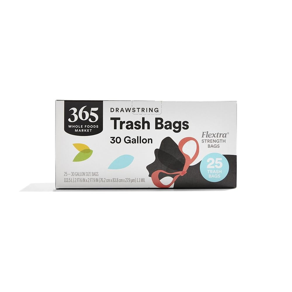 365 by Whole Foods TSF6Market, Flextra Strength Drawstring Trash Bags, 30 Gallon, 25 Count