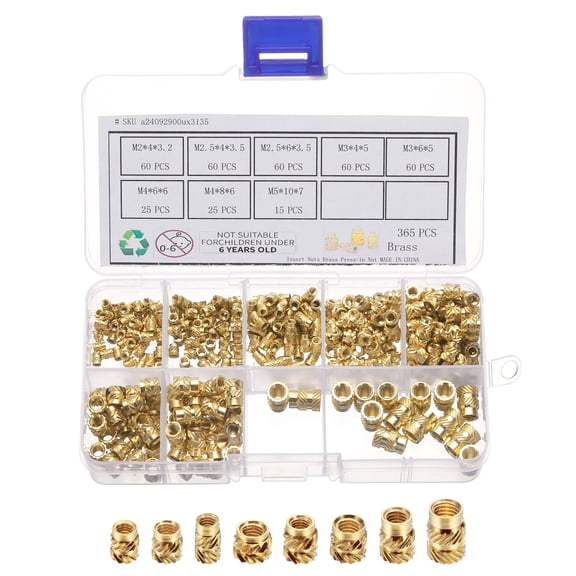 365Pack M2 M2.5 M3 M4 M5 Metric Threaded Inserts Brass Heat Set Insert Knurled Nuts Assortment Kit, 3D Printing Brass Nuts Female Threaded Inserts Nuts