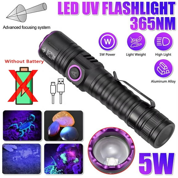 365nm 395nm UV Flashlight, 5W High Power Rechargeable Black Light, Professional UV Light For Pet Urine Detection, Resin Curing, Scorpion Hunting, Security Check, Zoomable, Waterproof, USB-C