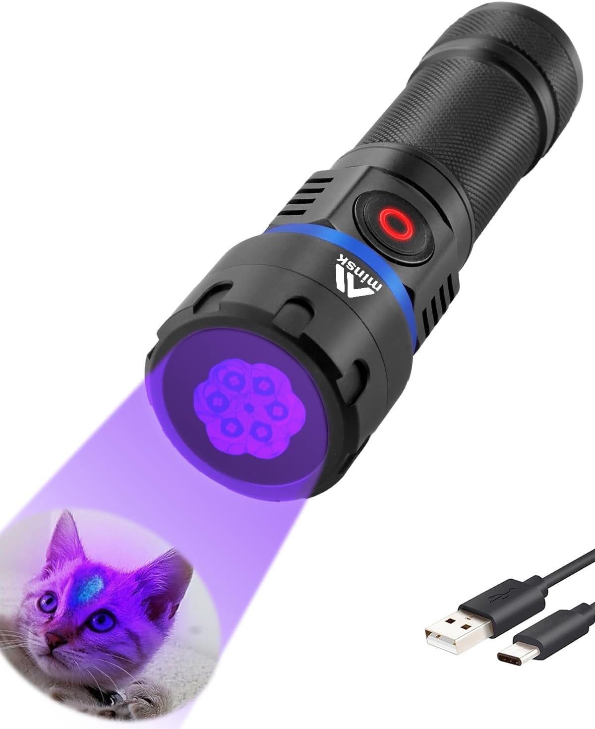 WOLFWAY 365nm Black Light, 120W Flashlight USB Rechargeable, 2 Modes Powerful Lights for Pet Urine Detection, Resin Curing, Minerals