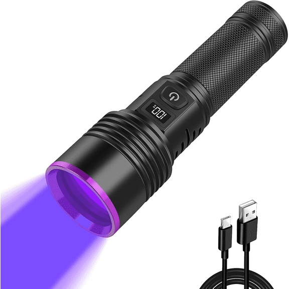 365nm UV Flashlight, 30W Rechargeable Blacklight Flashlights with LCD Display, Powerful Black Light for Pet Urine Stains Detection, Rock Hunting, Resin Curing, Scorpion