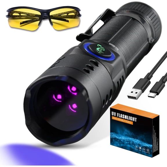 365nm UV Light Flashlight Black Light, 20W Mini Blacklight Flashlights 3 LED Rechargeable Woods Lamp for  , AC Leak,  , Scorpion,  Curing