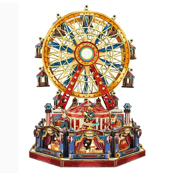 367PCS Century Ferris Wheel Wooden Music Box Kit, DIY 3D Puzzle Model With Rotating Lights For Home Office Decor