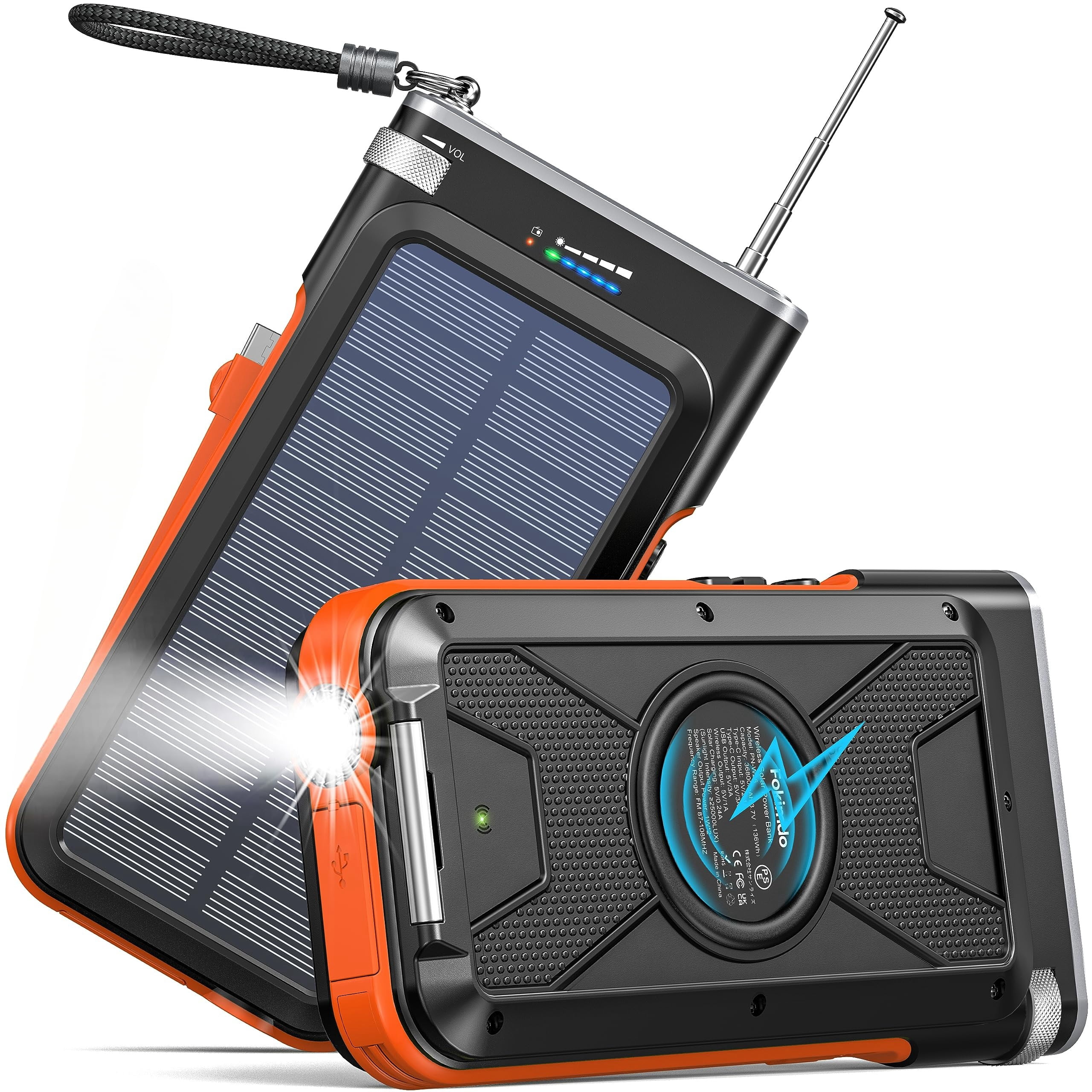 36800mAh,Power Bank with FM Radio, 15W QC 3.0 Fast Charging, Wireless Charger, Bright Flashlight, for Smartphones & USB Devices(Orange).