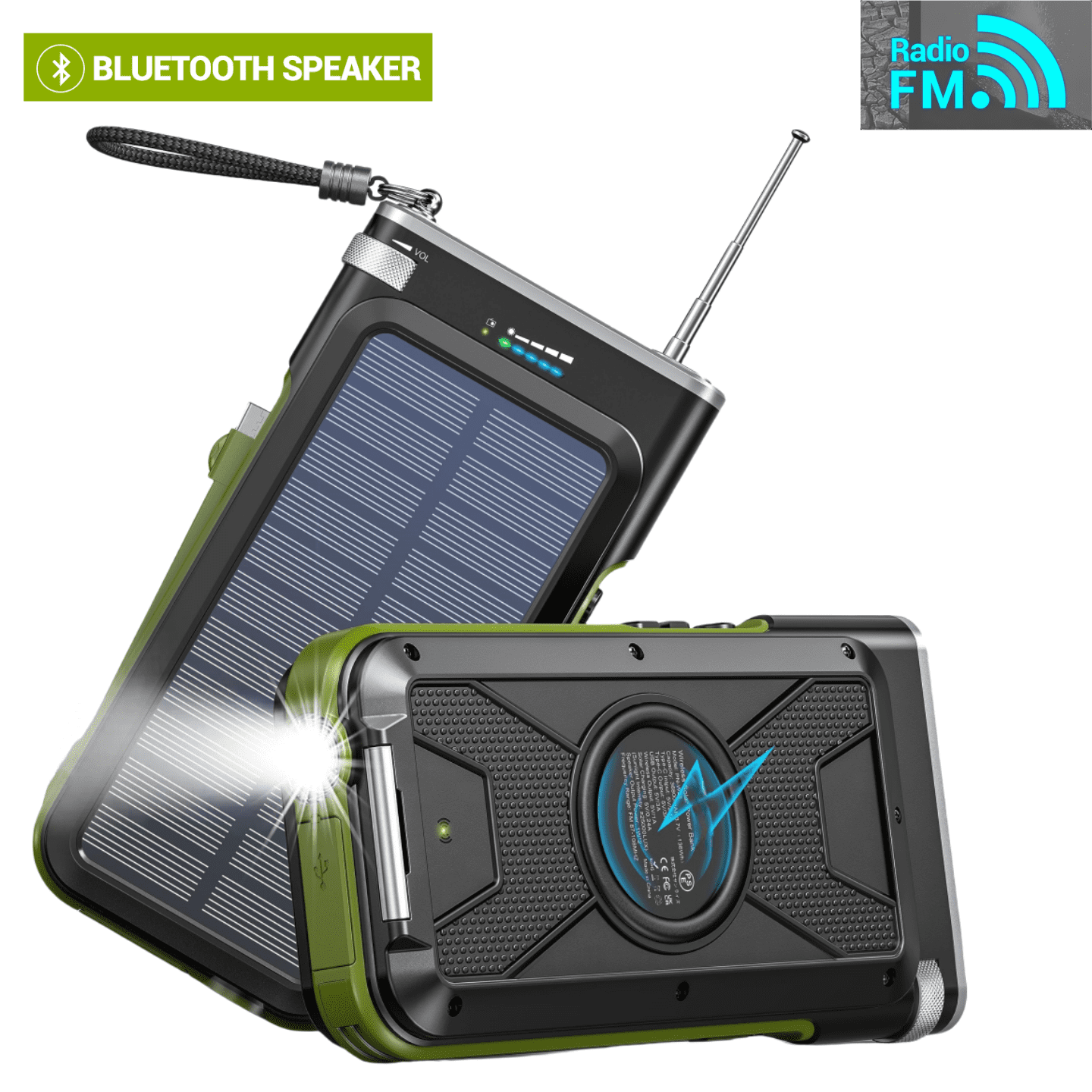36800mAh, Power Bank with FM Radio, 15W QC 3.0 Fast Charging, Wireless Charger, Bright Flashlight, for Smartphones & USB Devices.
