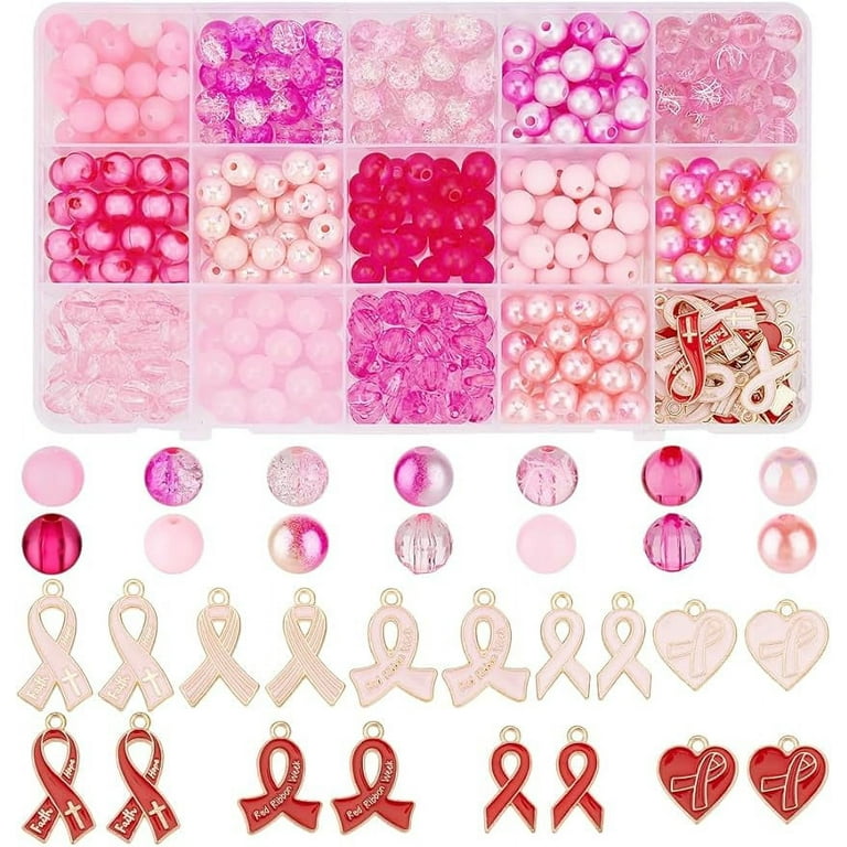 368pcs Breast Cancer Awareness Charms Beads 8mm Pink Beads Pink Ribbon Pendants Charms for Breast Cancer Ribbons Lapels Women Necklace Adult Unisex