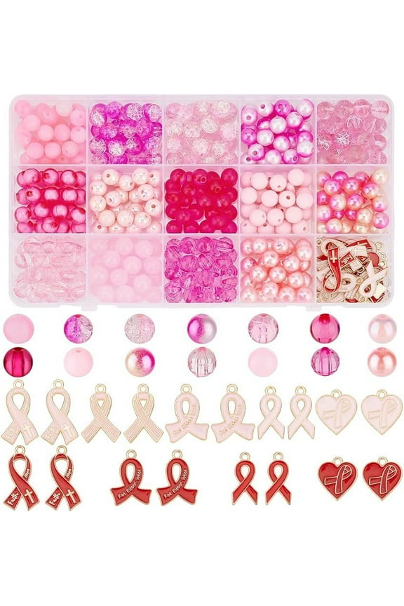368pcs Breast Cancer Awareness Charms Beads 8mm Pink Beads Pink Ribbon Pendants Charms for Breast Cancer Ribbons Lapels Women Necklace
