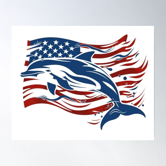 369 Prints American Flag With Dolphin Illustration, Representing Patriotism And Life. Perfect For Celebrating National Holidays With A Coastal Theme.- No Framed UNFRAMED, 8x12